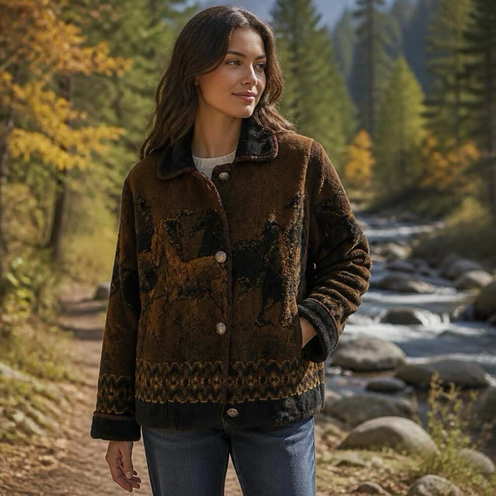 Outback Trading Women S Horse Print Button Up Fleece Barn Cardigan Sweater Cozy